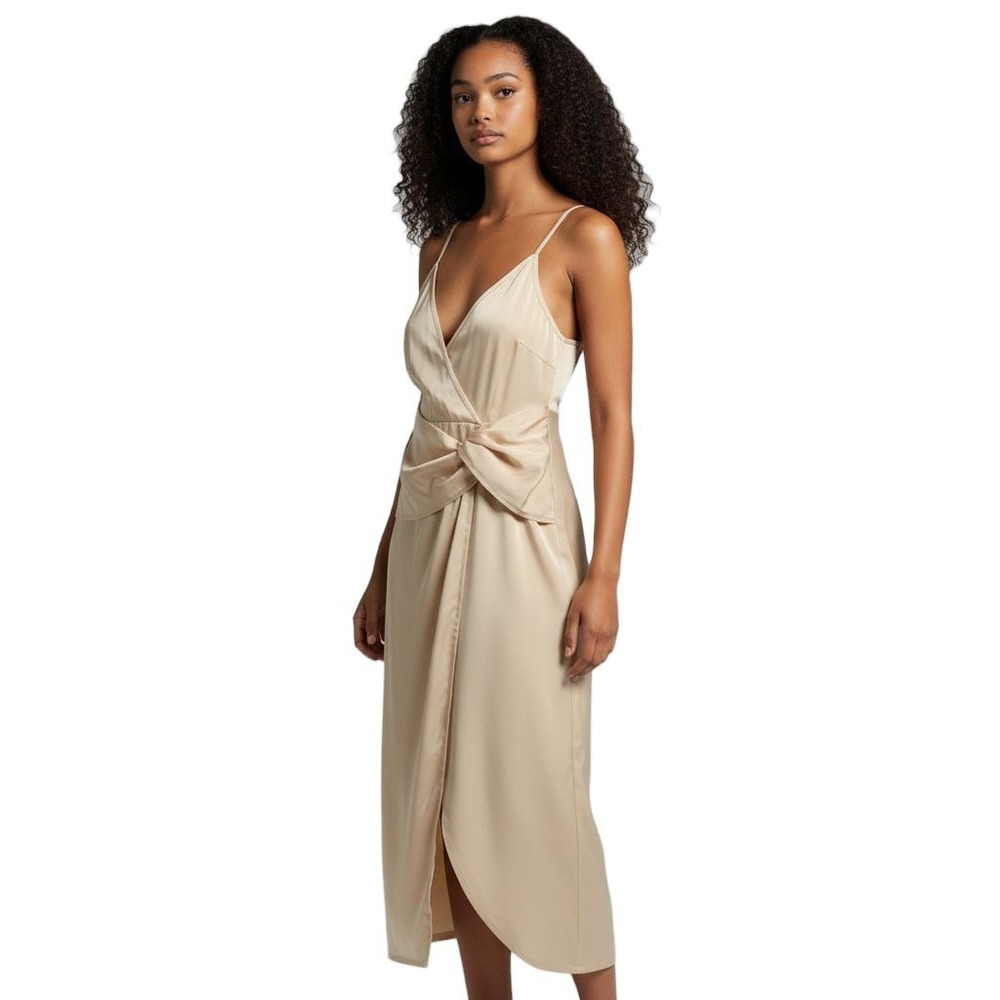 Nasty Gal Slip Dress 8 Wrap Drape Midi Spaghetti Front Knot‎ Oyster Cream NEW